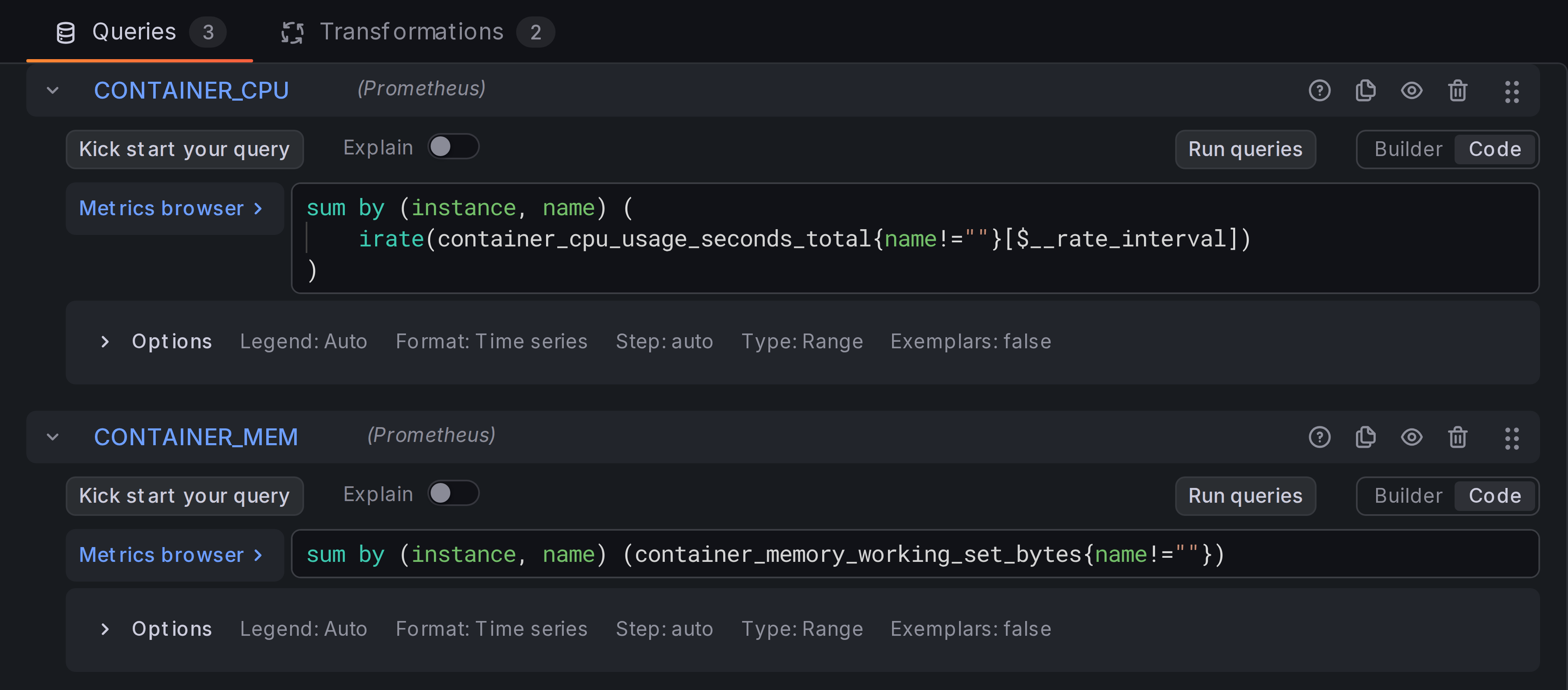 Container CPU and Memory queries