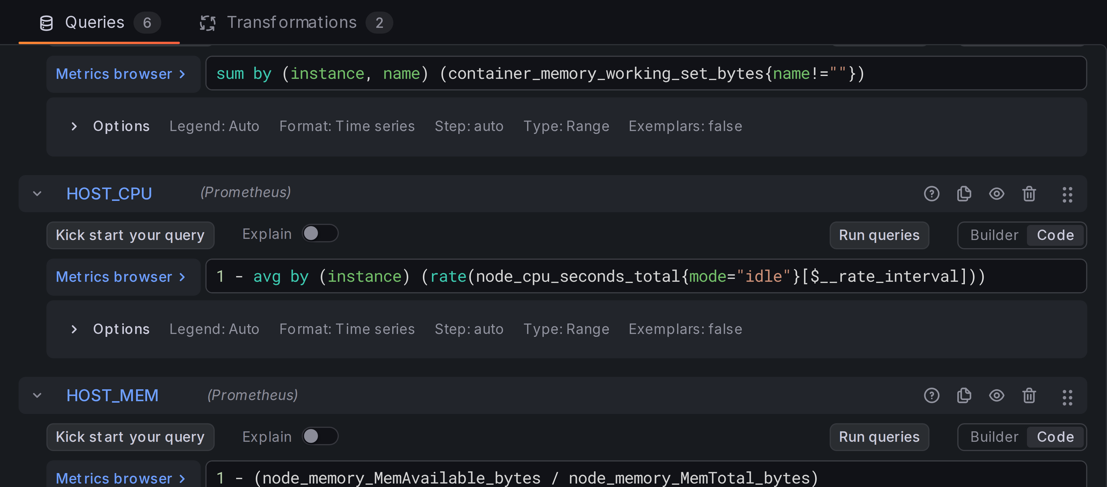 Node CPU, Memory, and Disk queries